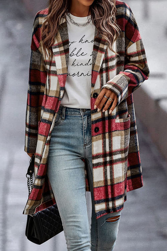 Damen Modischer Karomantel mit tiefem Kragen und praktischen Taschen Fudus