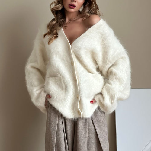 Damen kuschelige Strickjacke mit oversize Schnitt und Knopfleiste Fudus