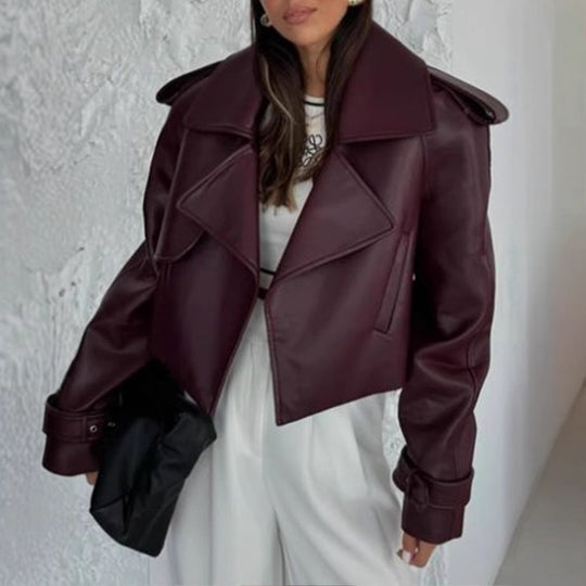 Damen Kunstlederjacke im modischen Biker-Stil mit breitem Revers Fudus