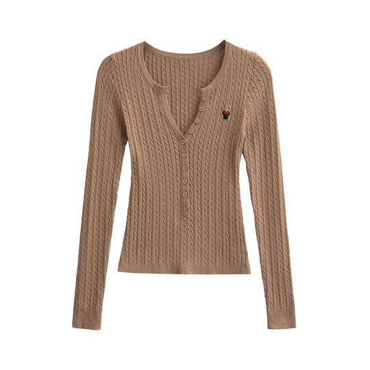 Damen Langarm Strickoberteil mit Knopfleiste und feinem Rippmuster Fudus