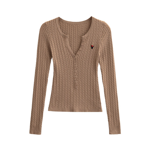 Damen Langarm Strickoberteil mit Knopfleiste und feinem Rippmuster Fudus