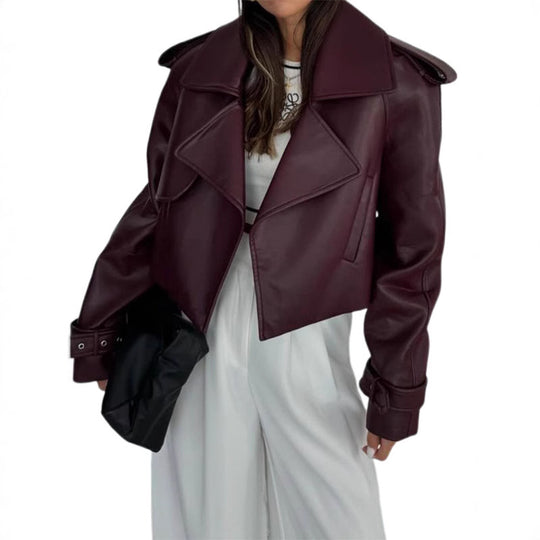 Damen Kunstlederjacke im modischen Biker-Stil mit breitem Revers Fudus