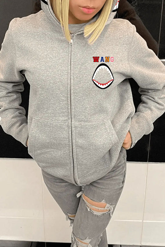 Damen Kapuzenjacke mit kreativem Haifischdesign und moderne Stickereien Fudus