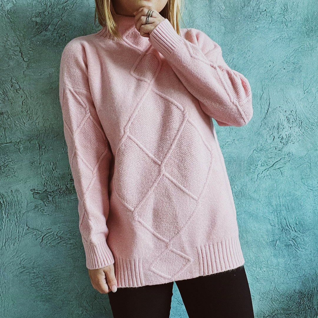 Damen Grobstrickpullover mit elegantem Rautenmuster und hohem Kragen Fudus