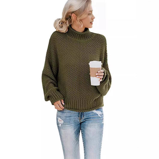 Damen kuscheliger Pullover mit hohem Kragen und weiten Ärmeln Fudus