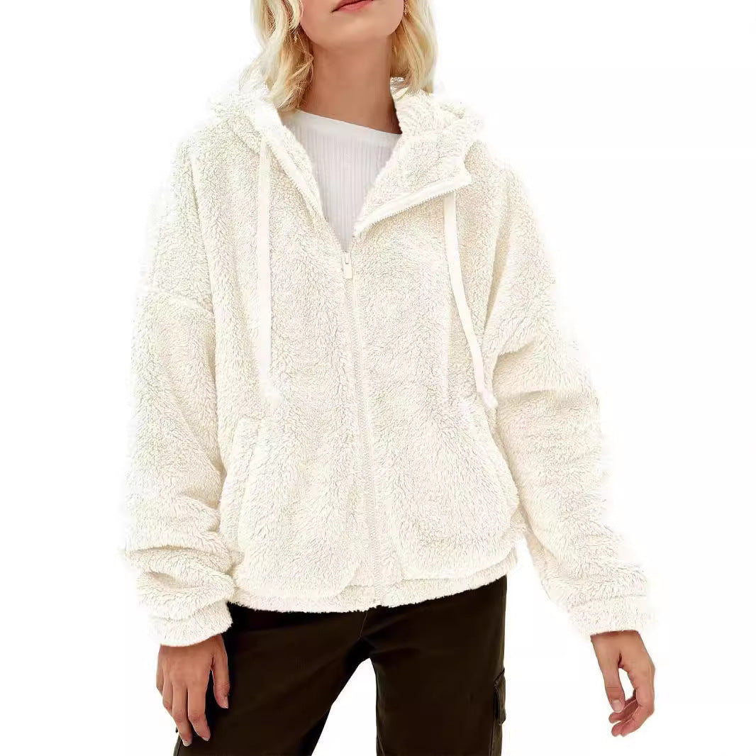 Damen Kuscheljacke mit Kapuze und seitlichen Taschen Fudus