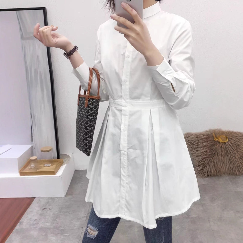 Damen Langarmbluse mit tailliertem Schnitt und knöpfbarem Stehkragen Fudus