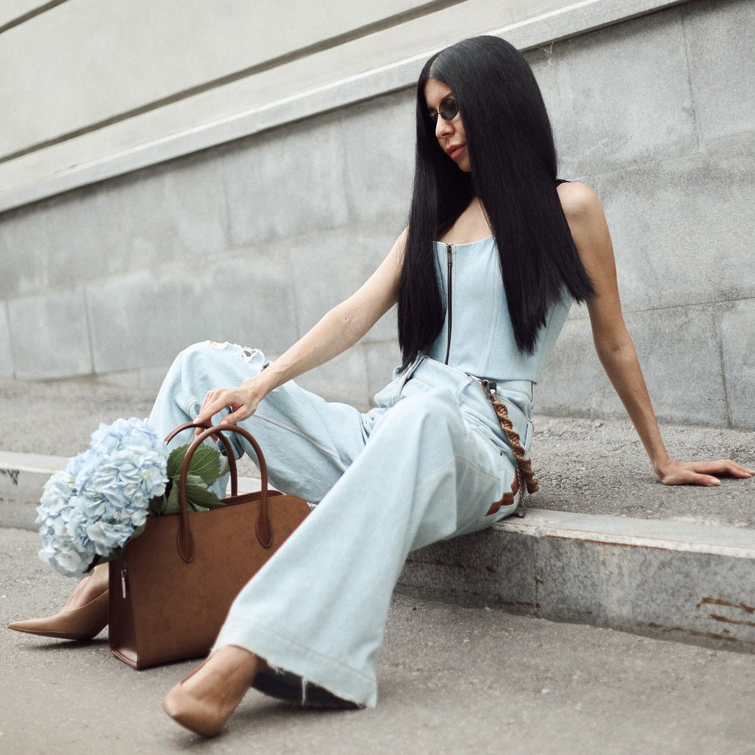 Damen lässige High-Waist Jeans mit einzigartigen Riss-Details und lockerer Passform Fudus