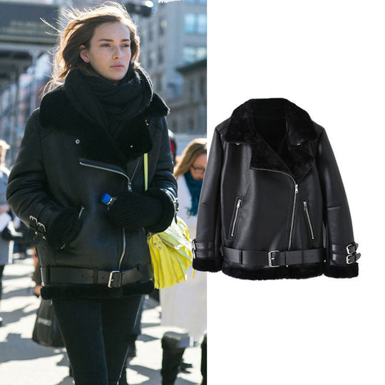 Damen Kunstlederjacke mit abnehmbarem Fellkragen und verstellbarem Gürtel