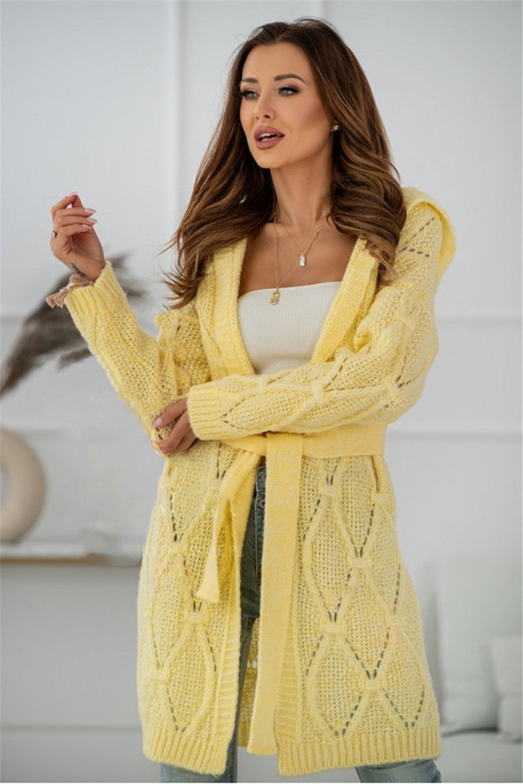 Damen Langer Strickcardigan mit Gürtel und strukturierter Oberfläche Fudus