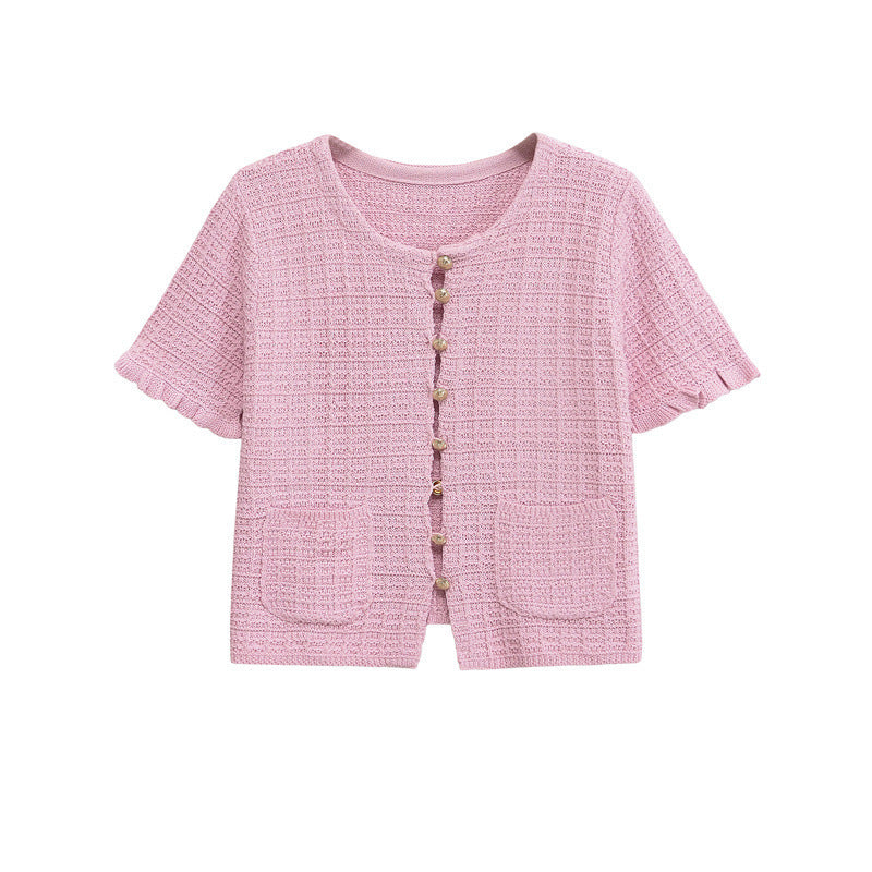 Damen kurzärmeliges Strickoberteil mit Rüschendetails und praktischen Taschen Fudus