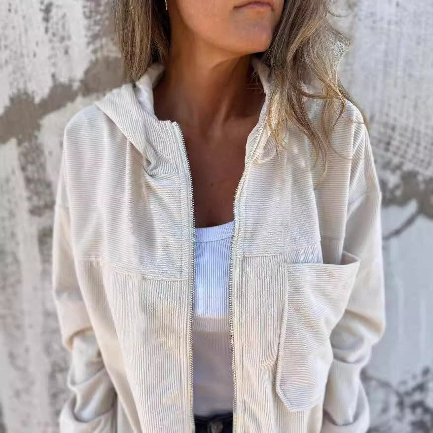 Damen lässige Cordjacke mit praktischen Taschen und elegantem Reißverschluss Fudus