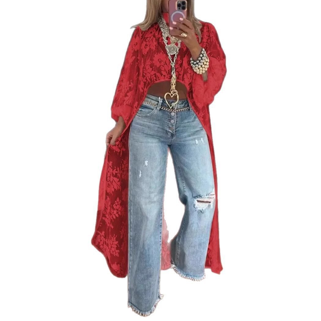 Damen Langer Kaftan mit Spitze und weit geschnittenen Ärmeln Fudus