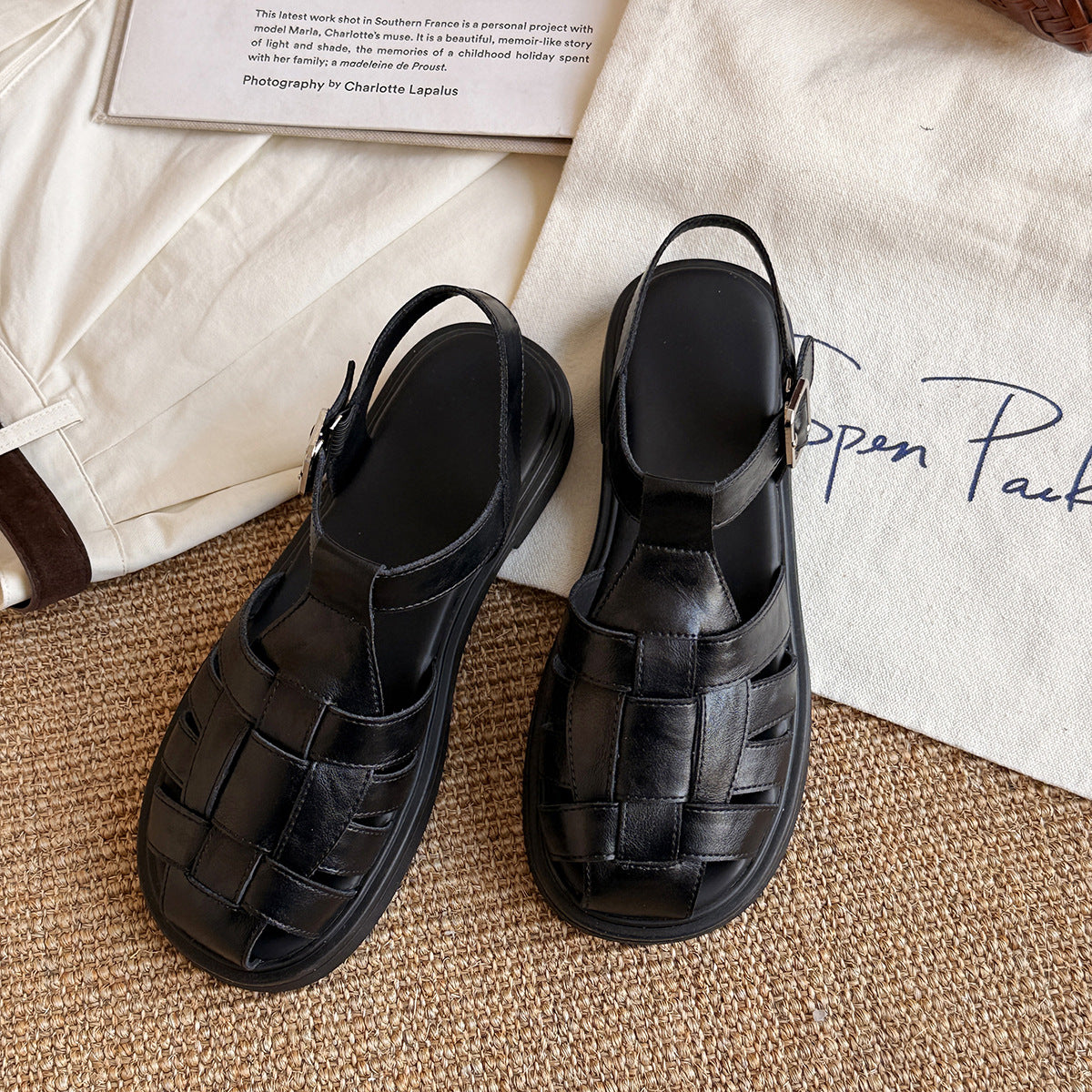 Sandalen Damen Leder Geflochten Slingback Komfort