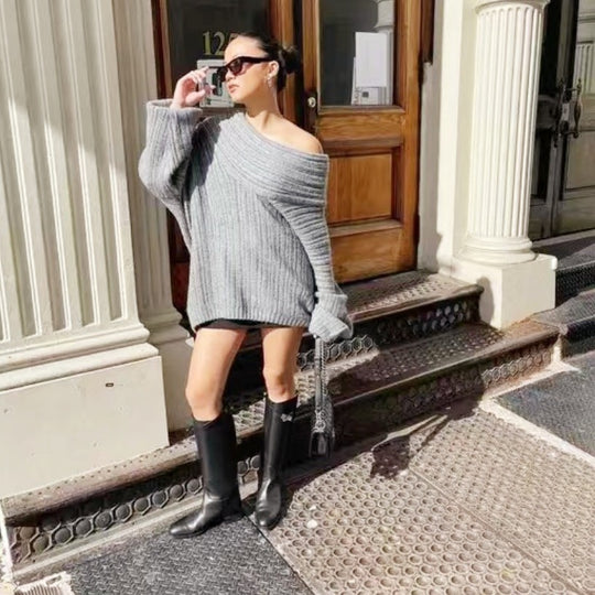 Damen grobstrickiger Pullover mit offener Schulter und lässigem Schnitt Fudus