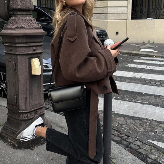 Damen modischer cropped Mantel mit breitem Revers und oversized Schnitt Fudus