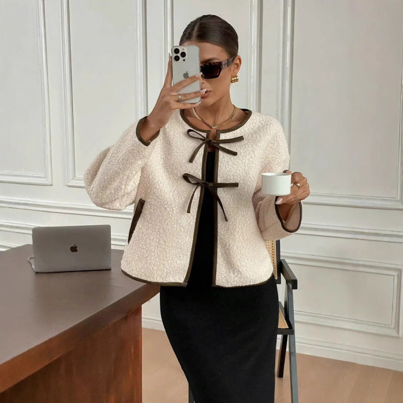 Damen kuschelige Fleecejacke mit eleganten Bindebändern Fudus