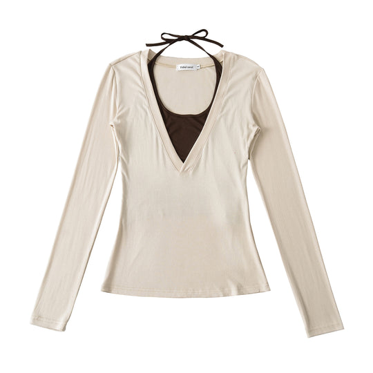 Damen langärmliges Oberteil mit tiefem V-Ausschnitt und Schleifenverzierung Fudus