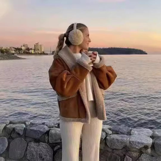 Damen kuschelige Oversized-Jacke mit Schaffellkragen und großen Taschen Fudus