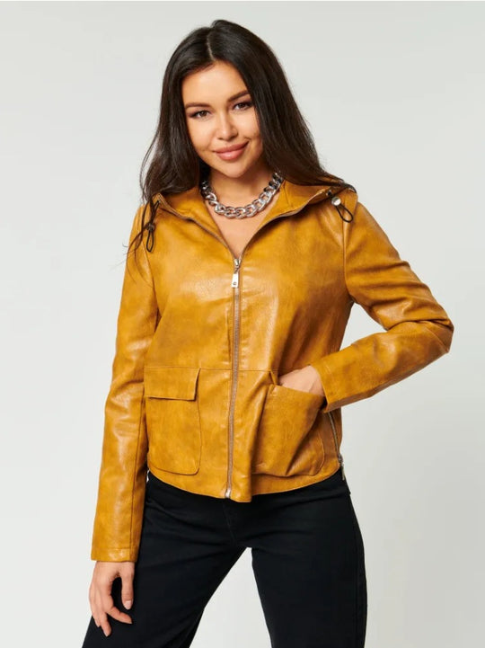 Damen Kunstlederjacke mit angeschnittenem Hoodie und praktischen Taschen Fudus