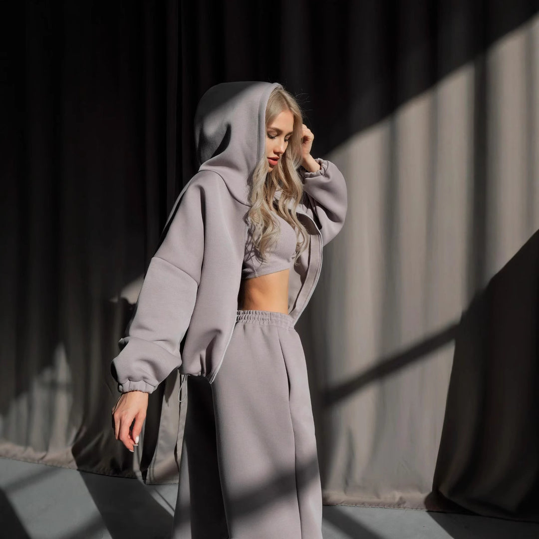 Damen modischer cropped Kapuzenpullover und entspannte Hose Set Fudus