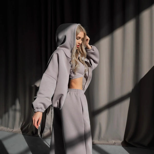 Damen modischer cropped Kapuzenpullover und entspannte Hose Set Fudus