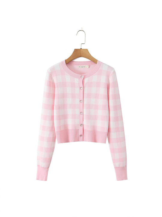 Damen modischer karierten Strickjacke mit Rundhalsausschnitt und Knopfverschluss Fudus