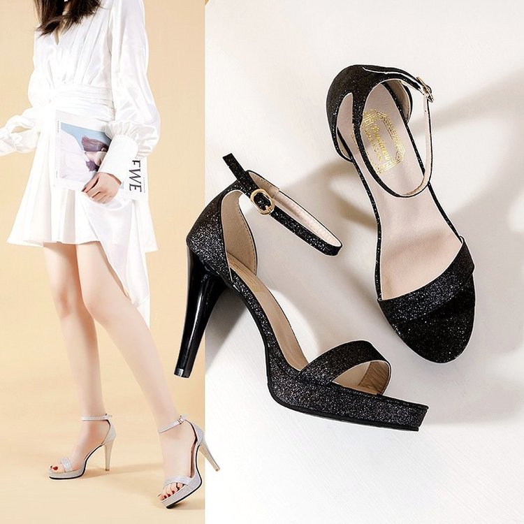 Damen High-Heel Sandalen mit Funkelndem Riemendesign und Komfortablem Plateau