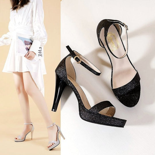 Damen High-Heel Sandalen mit Funkelndem Riemendesign und Komfortablem Plateau