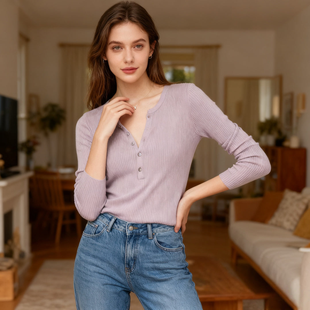 Damen Langarmshirt mit Knopfleiste und Rippstruktur Fudus