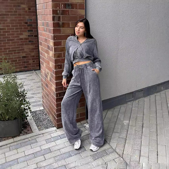 Damen modischer cropped Kapuzenpullover mit Reißverschluss und lässigen Jogginghose Fudus