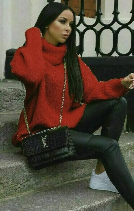 Damen Grobstrickpullover mit hochgeschlossenem Kragen und Struktur Fudus