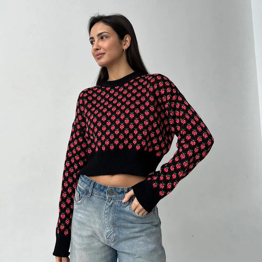 Damen modischer cropped Pullover mit floralem Muster Fudus