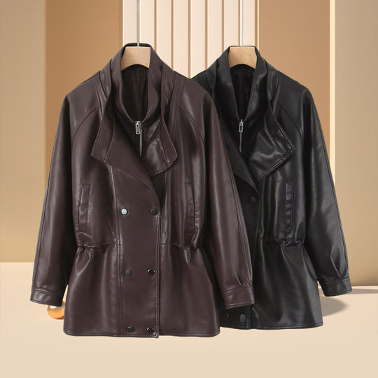 Damen Kunstlederjacke mit breitem Revers und praktischen Taschen Fudus