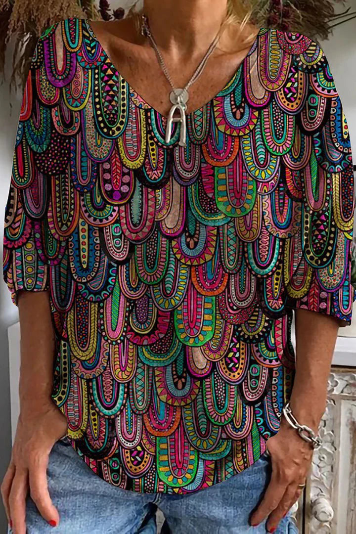 Fudus | Retro-T-Shirt mit ethnischem Druck für Damen