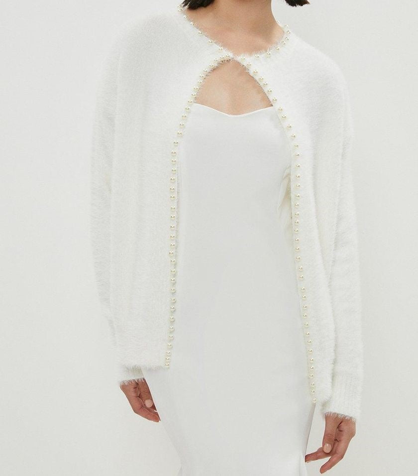 Damen kuschelige Strickjacke mit Perlenverzierung Fudus