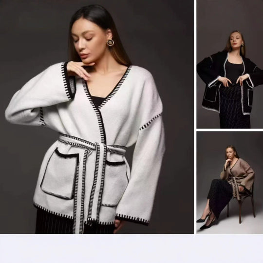 Damen Grobstrick Mantel mit praktischem Gürtel und Taschen Fudus