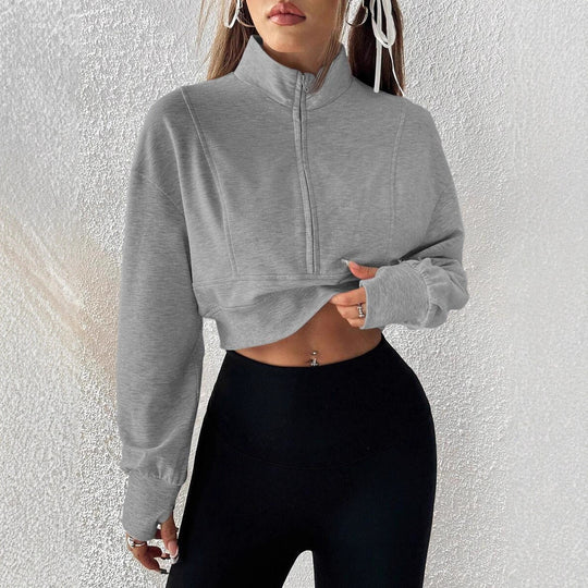Damen Kurzarm-Sweatshirt mit hohem Kragen und Reißverschluss Fudus