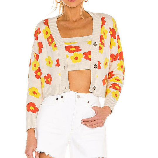 Damen Kurzgeschnittener Strickpullover mit floralem Muster Fudus