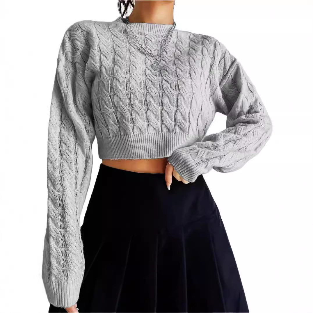 Damen modischer cropped Strickpullover mit Zopfmuster Fudus