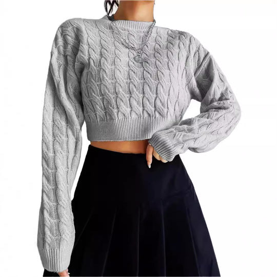 Damen modischer cropped Strickpullover mit Zopfmuster Fudus