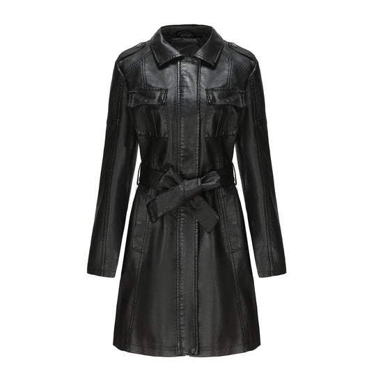 Damen modischer Leder-Trenchcoat Fudus
