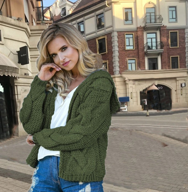 Damen Grobstrickjacke mit Kapuze und elegantem Zopfmuster Fudus