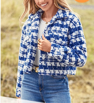 Damen Karierte Cropped Jacke Fudus