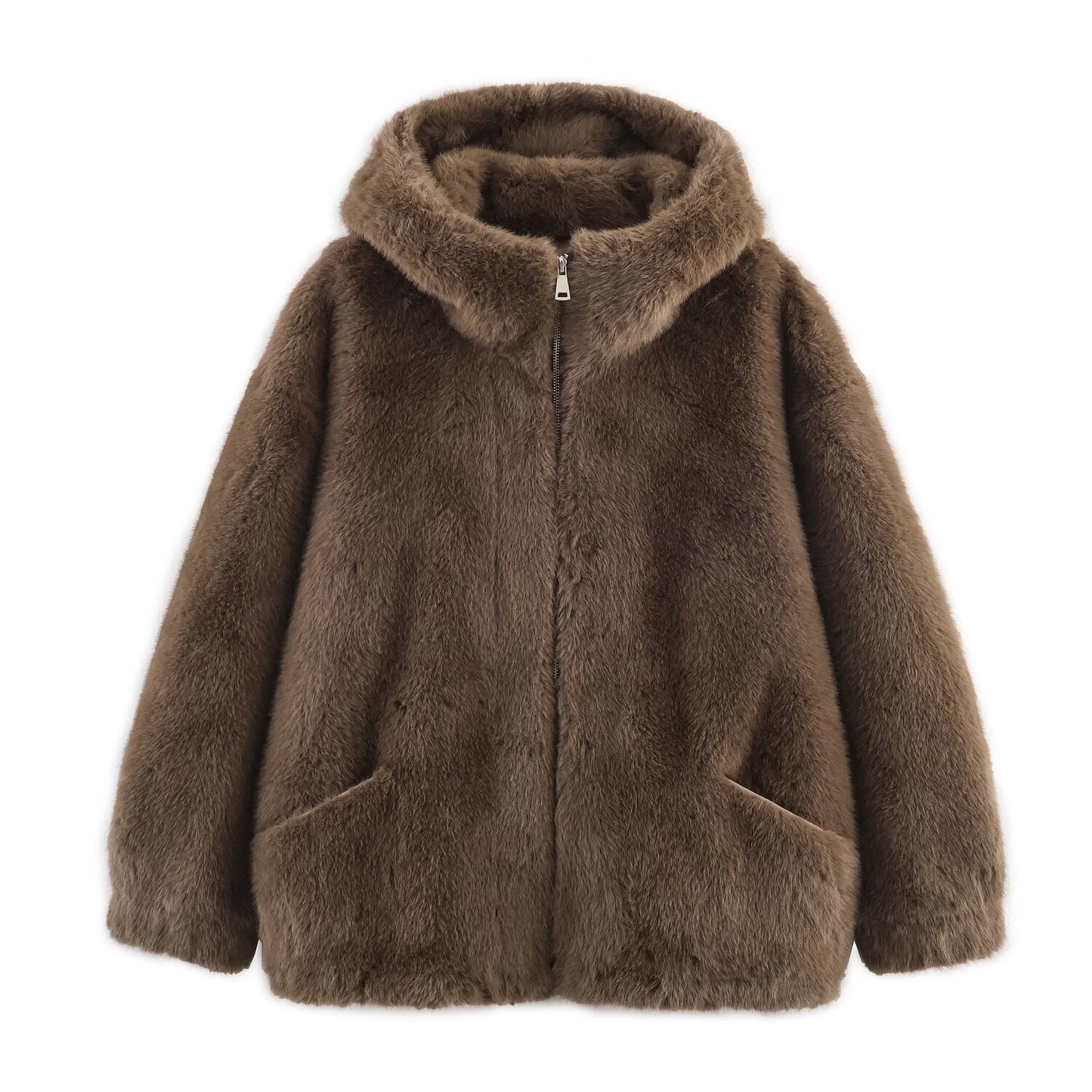 Damen Jacke Kunstpelz Weich Luxuriös Kapuze Praktische Taschen