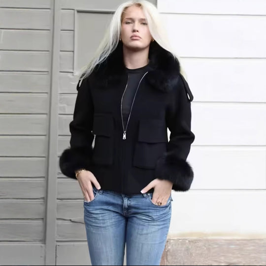 Damen Kunstfelljacke mit Pelzkragen und praktischen Taschen Fudus