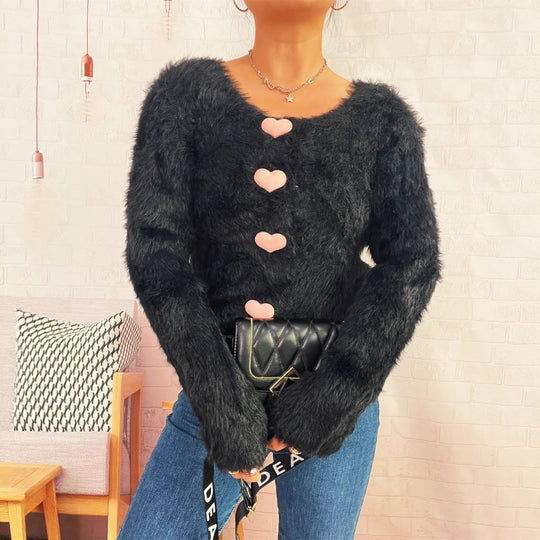 Damen Kuscheliger Strickpullover mit Herzknöpfen Fudus