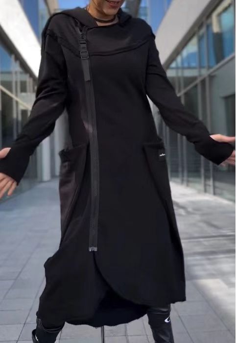 Damen modischer Kapuzenmantel mit seitlichen Taschen und asymmetrischem Saum Fudus