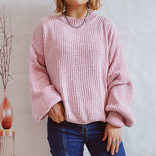 Damen Grobstrickpullover mit romantischem Rippenmuster und weiten Ärmeln Fudus