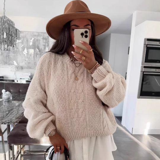 Damen Grobstrickpullover mit voluminösen Ärmeln und romantischem Zopfdesign Fudus